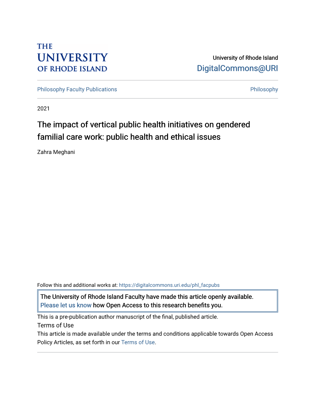 The Impact of Vertical Public Health Initiatives on Gendered Familial Care Work: Public Health and Ethical Issues