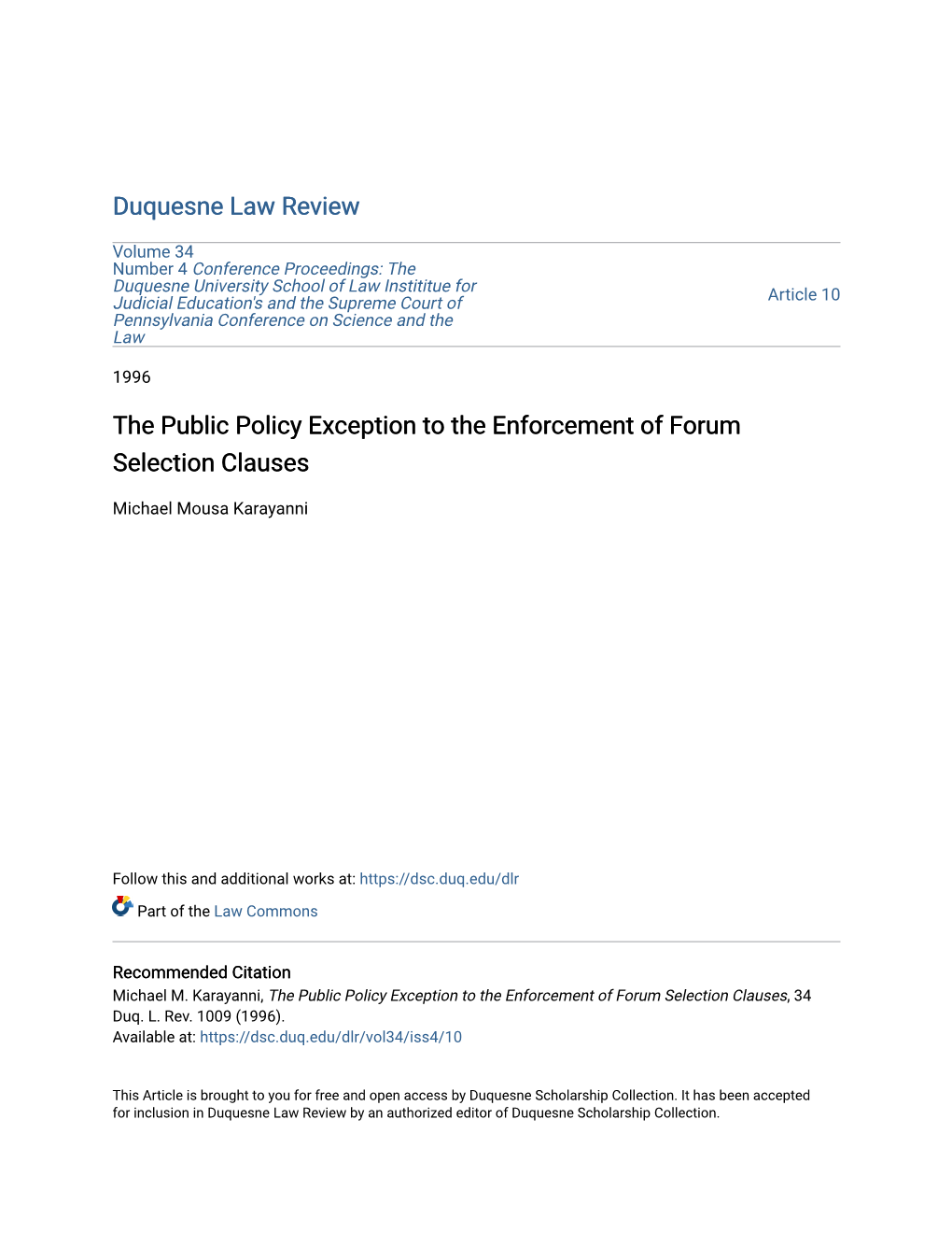 The Public Policy Exception to the Enforcement of Forum Selection Clauses