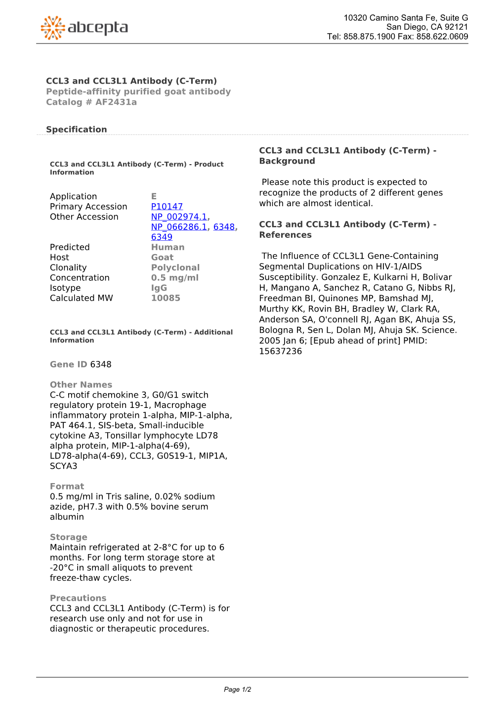 CCL3 and CCL3L1 Antibody (C-Term) Peptide-Affinity Purified Goat Antibody Catalog # Af2431a