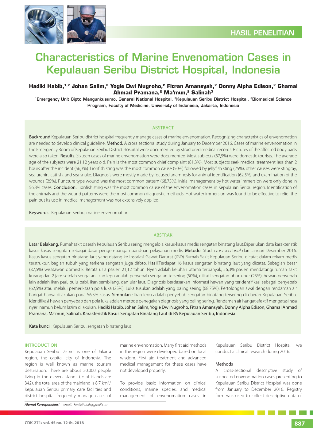 Characteristics of Marine Envenomation Cases in Kepulauan Seribu District Hospital, Indonesia