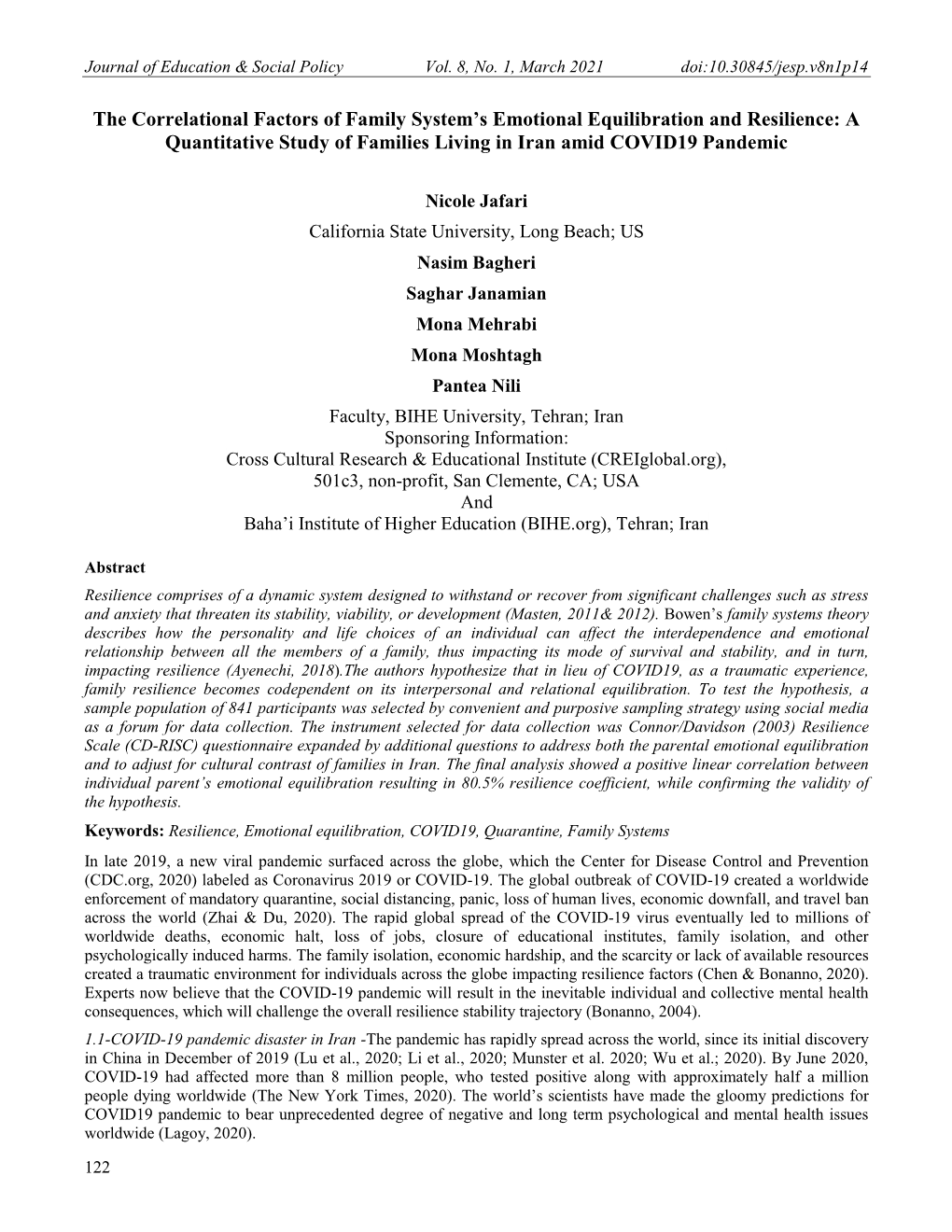 The Correlational Factors of Family System’S Emotional Equilibration and Resilience: a Quantitative Study of Families Living in Iran Amid COVID19 Pandemic