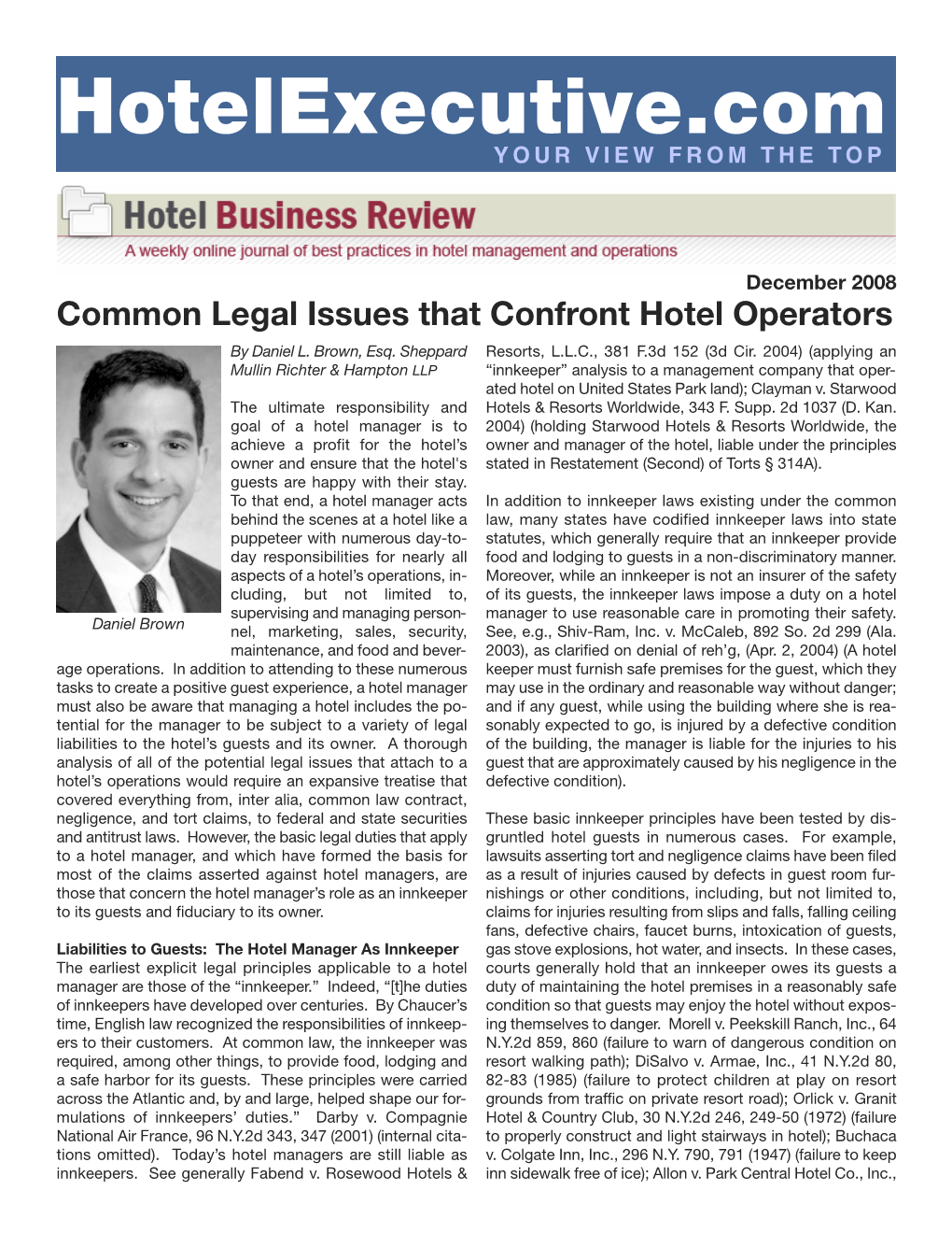 Common Legal Issues That Confront Hotel Operators by Daniel L