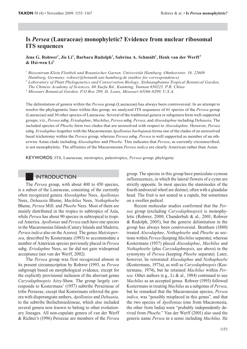 Is Persea (Lauraceae) Monophyletic? Evidence from Nuclear Ribosomal ITS Sequences