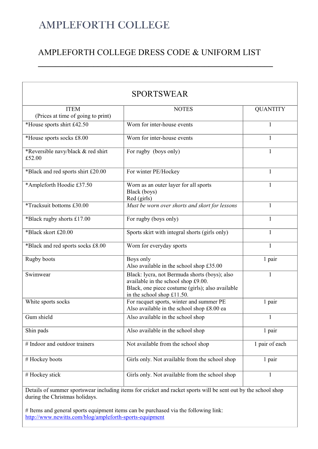 Ampleforth College Dress Code & Uniform List