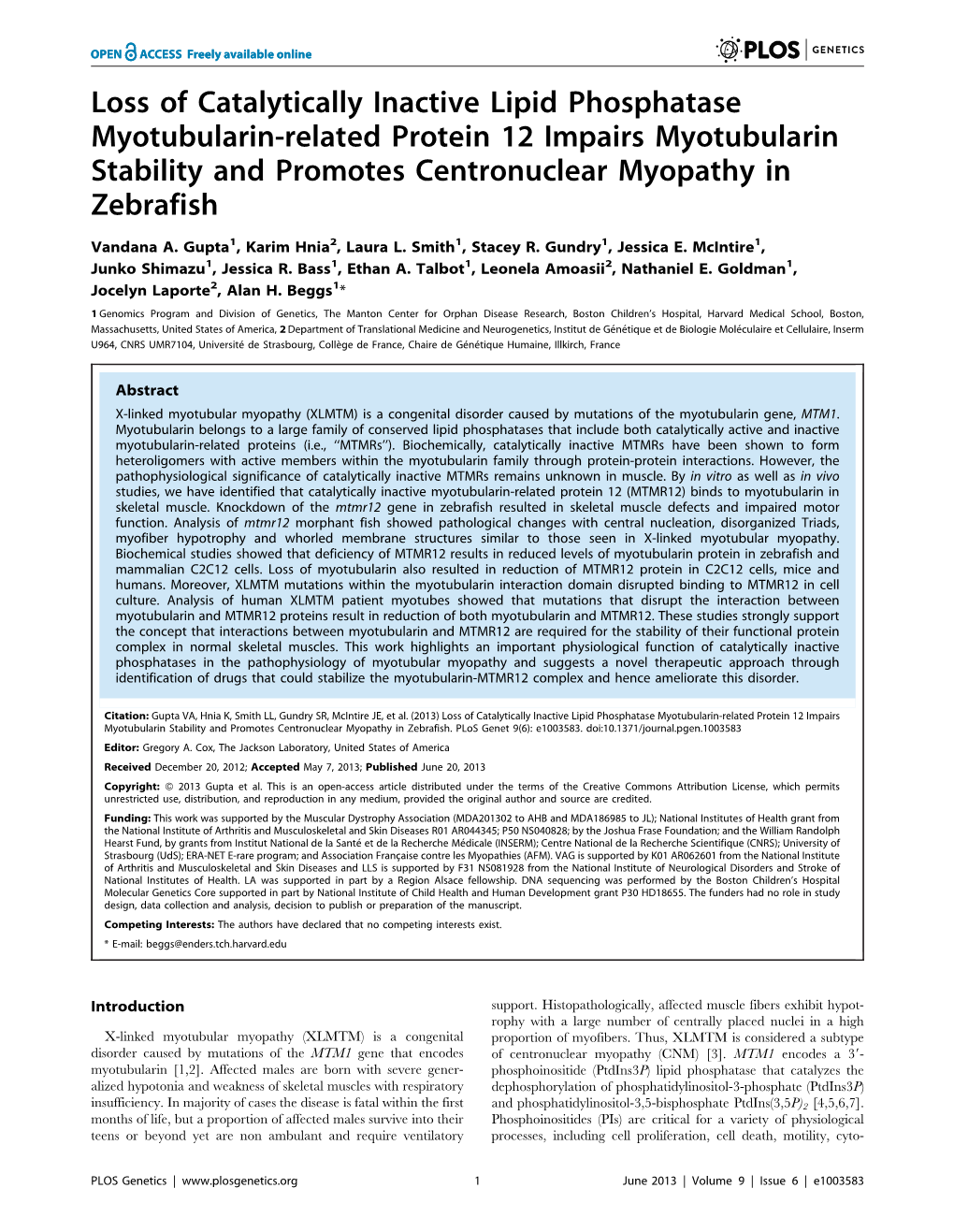 Loss of Catalytically Inactive Lipid Phosphatase Myotubularin-Related Protein 12 Impairs Myotubularin Stability and Promotes Centronuclear Myopathy in Zebrafish