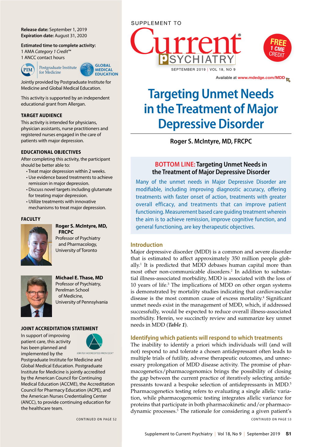 Targeting Unmet Needs in the Treatment of Major Depressive Disorder