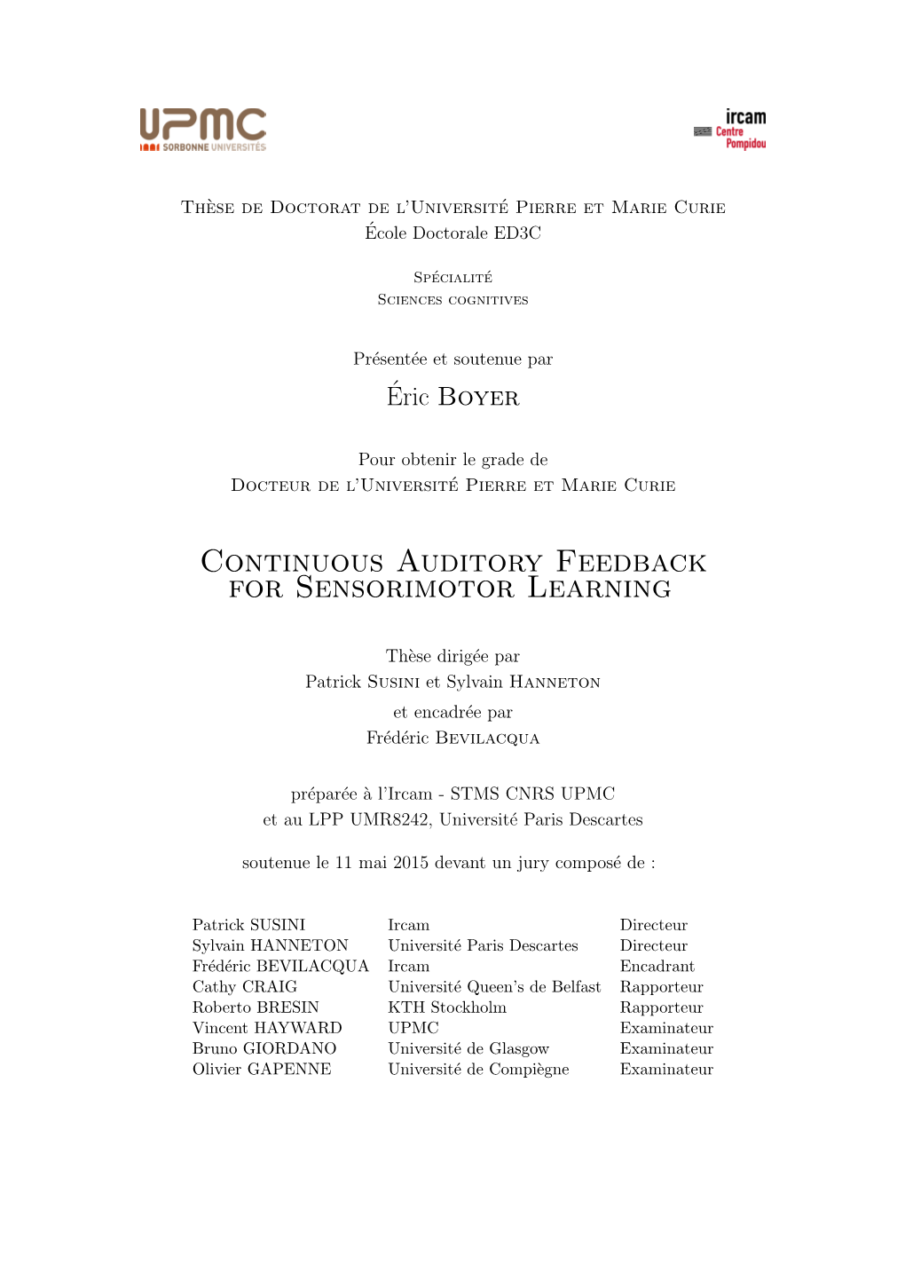 Continuous Auditory Feedback for Sensorimotor Learning