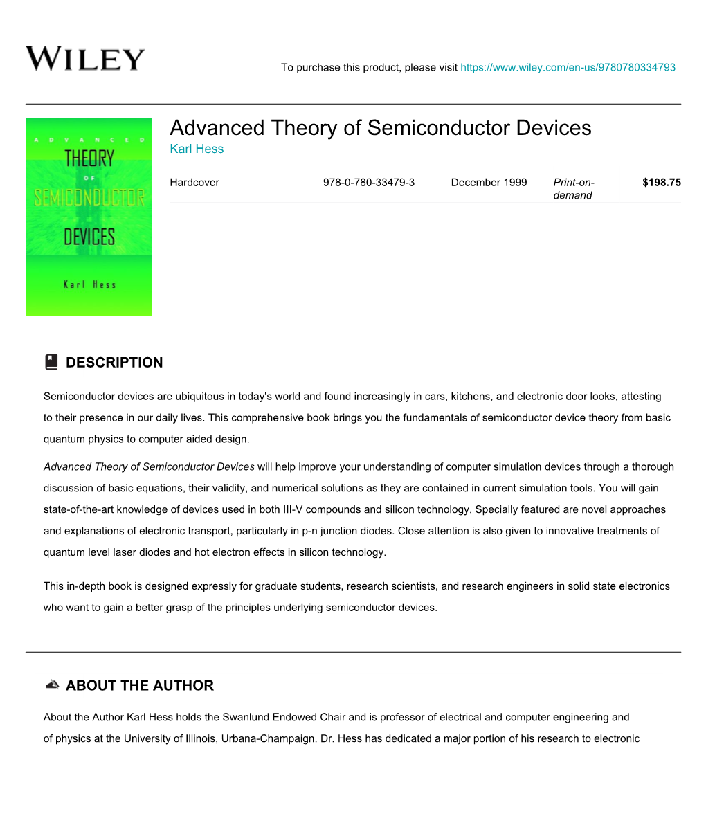 Advanced Theory of Semiconductor Devices Karl Hess