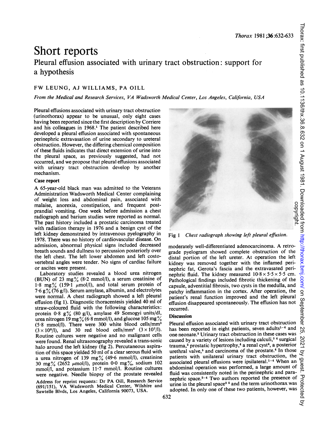 Short Reports Pleural Effusion Associated with Urinary Tract Obstruction: Support for a Hypothesis