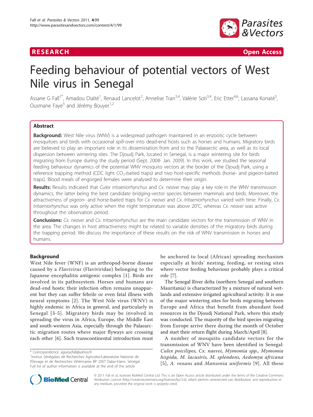 Feeding Behaviour of Potential Vectors of West Nile Virus