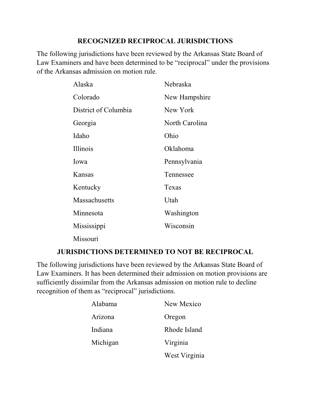 RECOGNIZED RECIPROCAL JURISDICTIONS the Following Jurisdictions Have Been Reviewed by the Arkansas State Board of Law Examiners