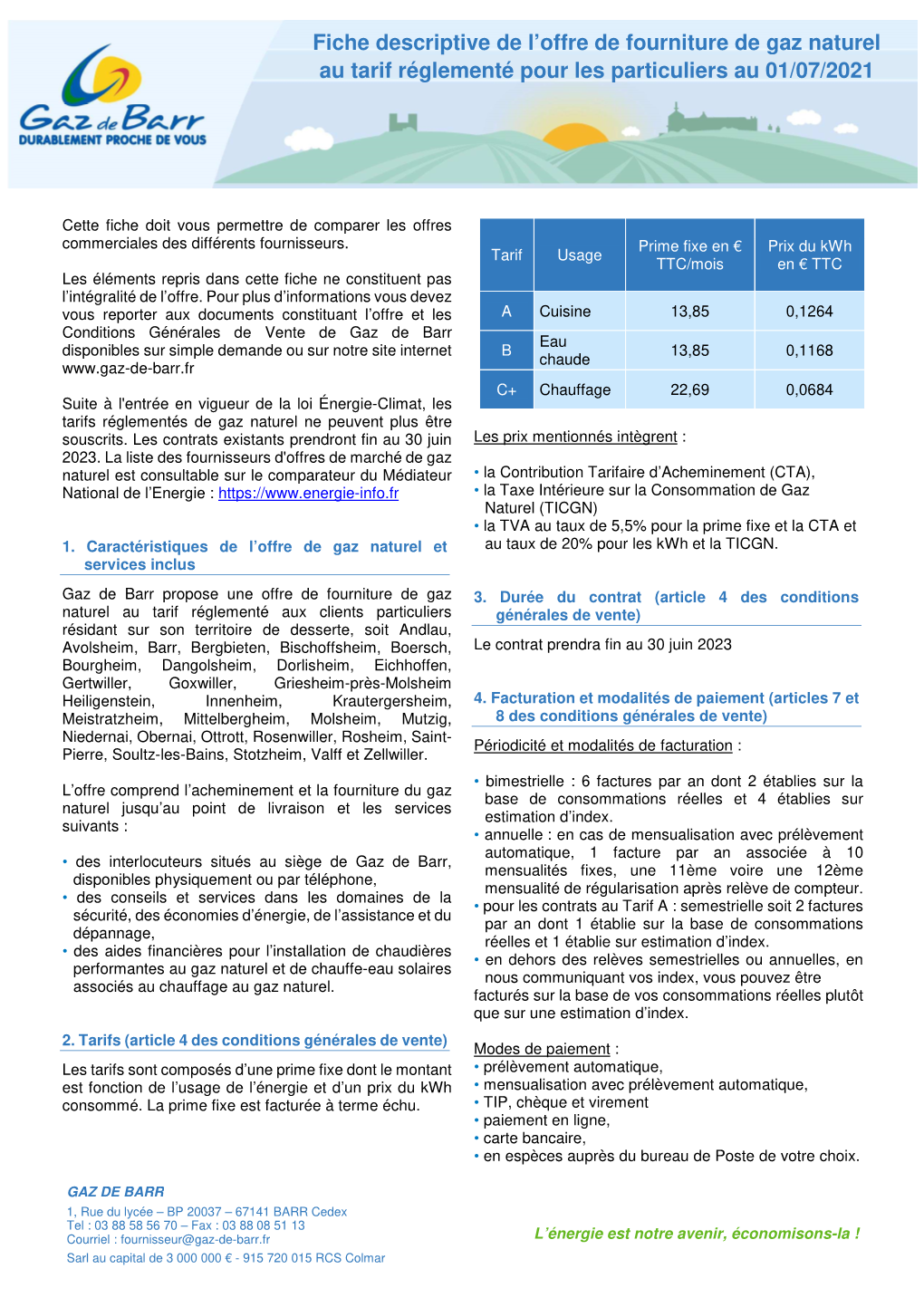 Fiche Descriptive De L’Offre De Fourniture De Gaz Naturel Au Tarif Réglementé Pour Les Particuliers Au 01/07/2021