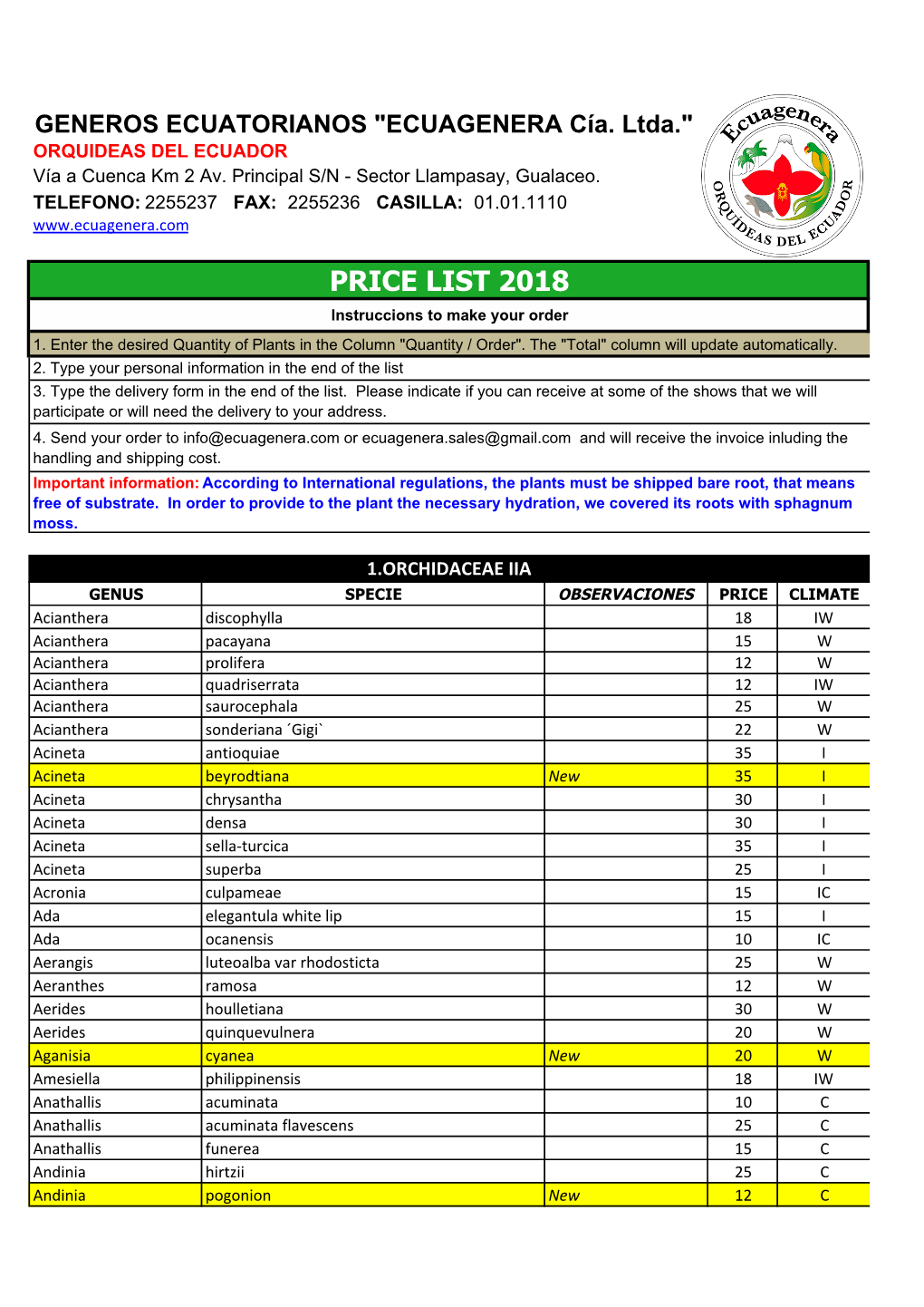 Ecuagenera Pricelist 2018.Pdf