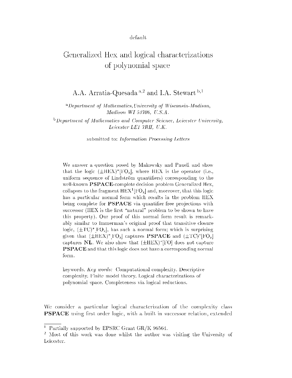 Generalized Hex and Logical Characterizations of Polynomial Space