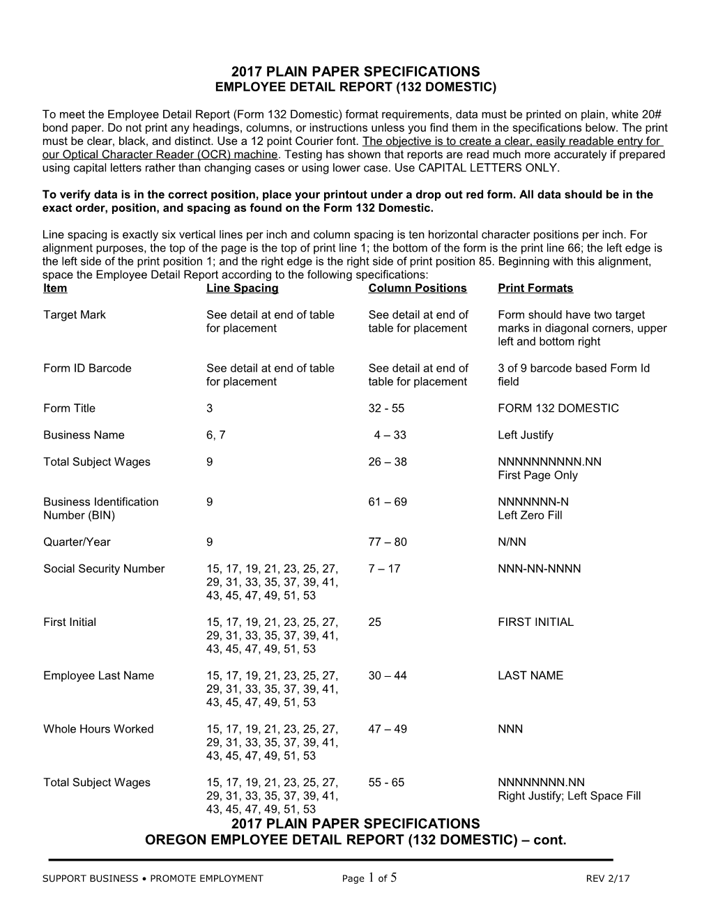 2017 Domestic Plain Paper Specifications