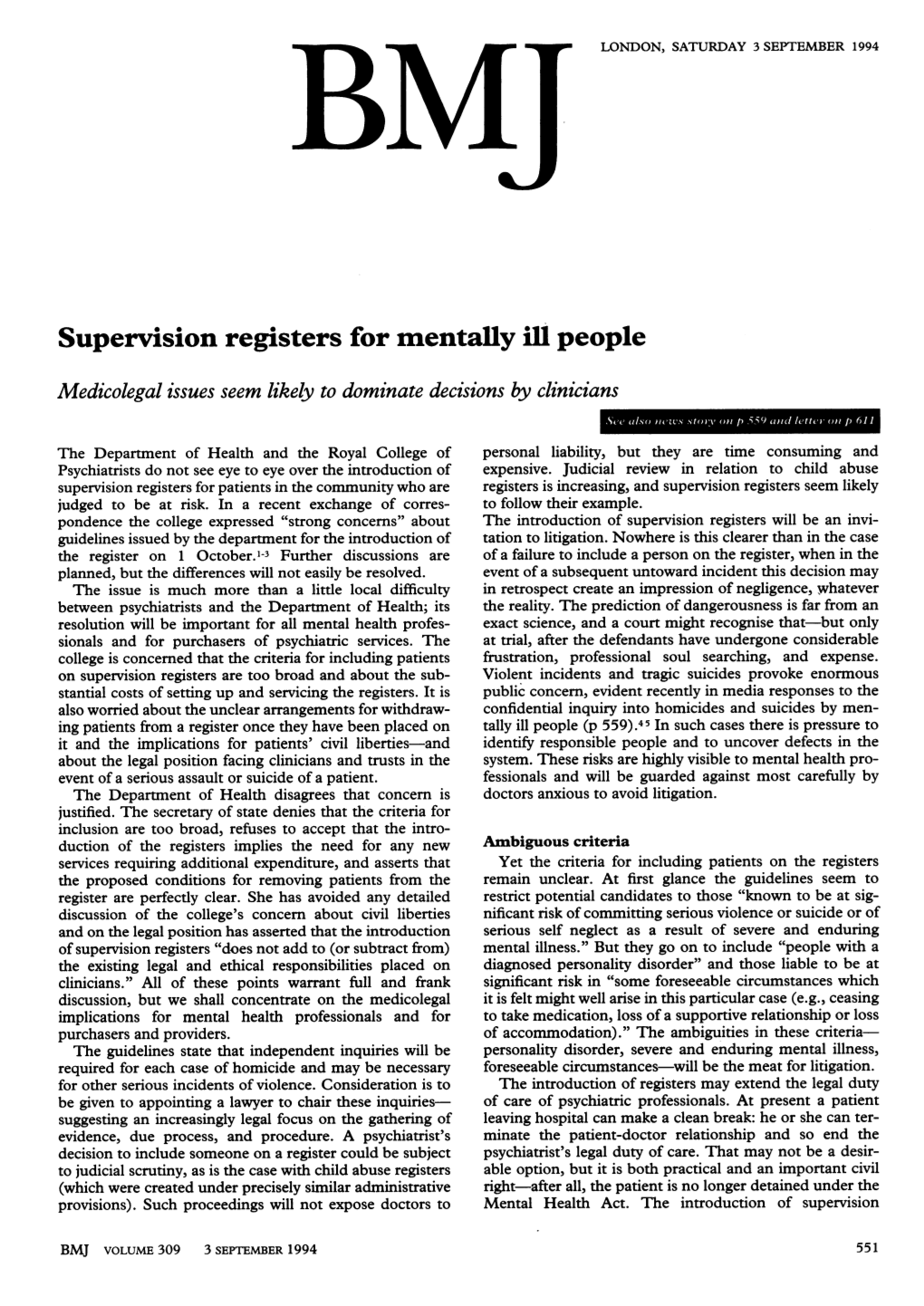 Supervision Registers for Mentally Ill People Medicolegal Issues Seem Likely to Dominate Decisions by Clinicians