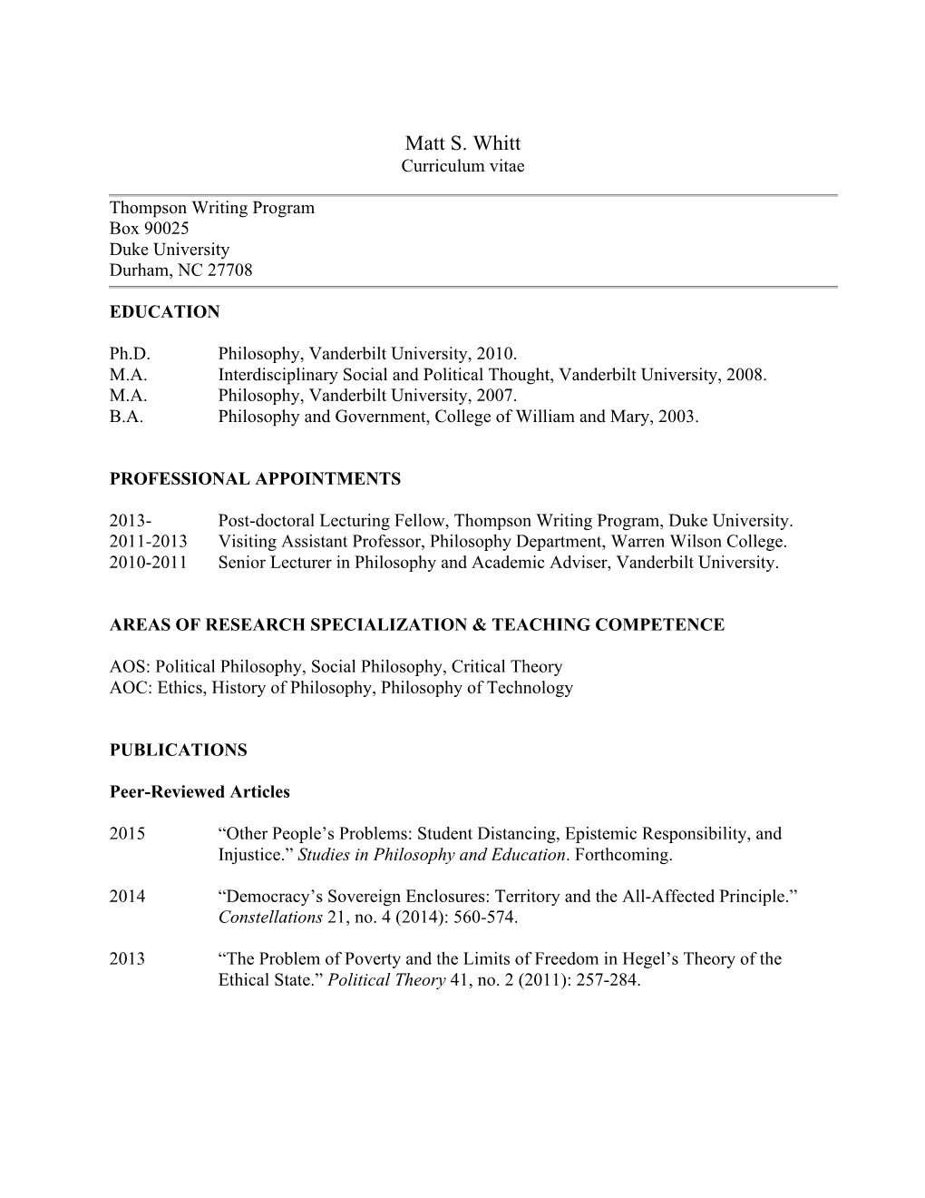 Matt S. Whitt Curriculum Vitae