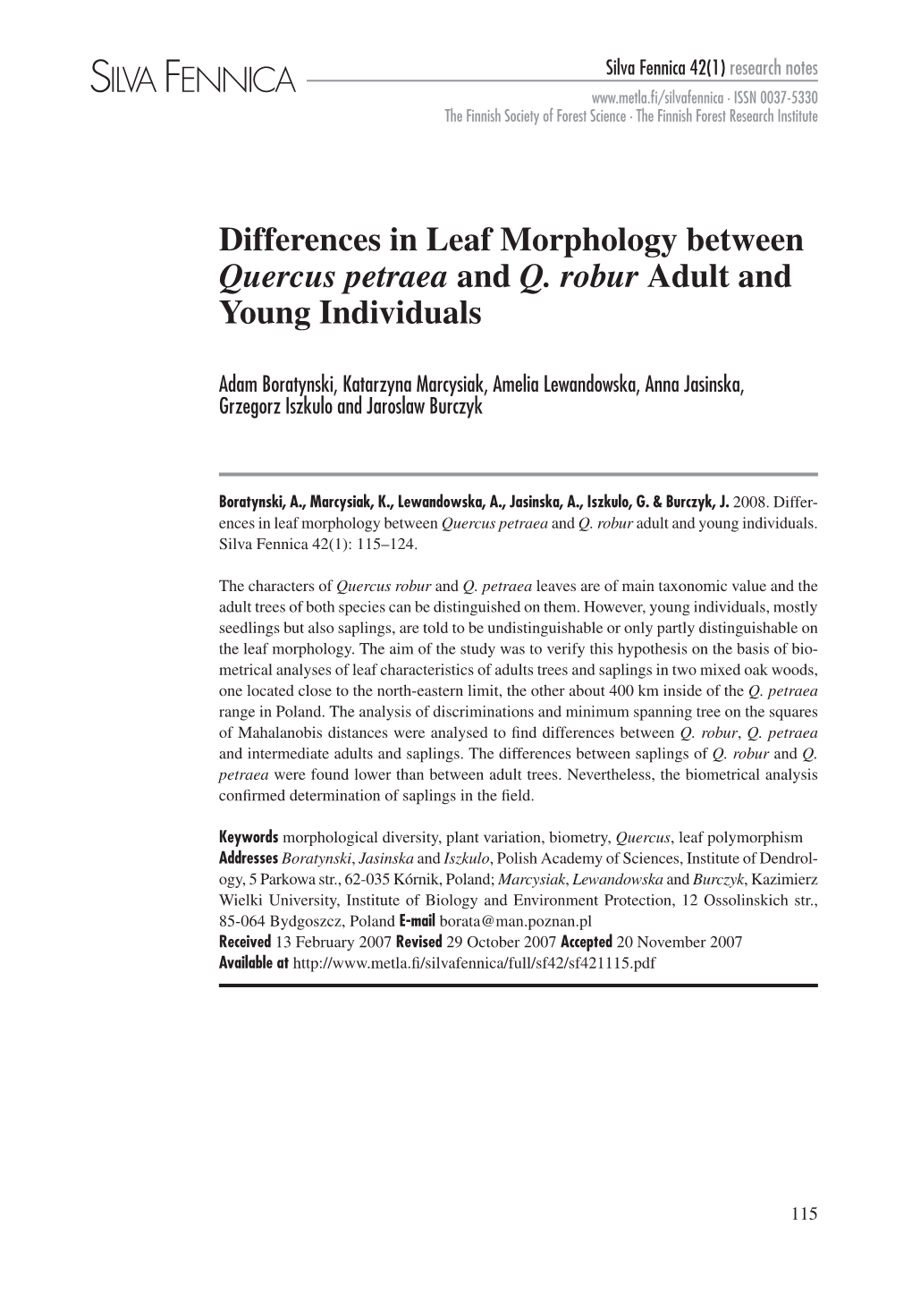 Differences in Leaf Morphology Between Quercus Petraea and Q