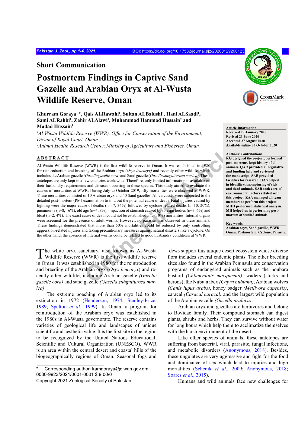 Postmortem Findings in Captive Sand Gazelle and Arabian Oryx at Al-Wusta Wildlife Reserve, Oman