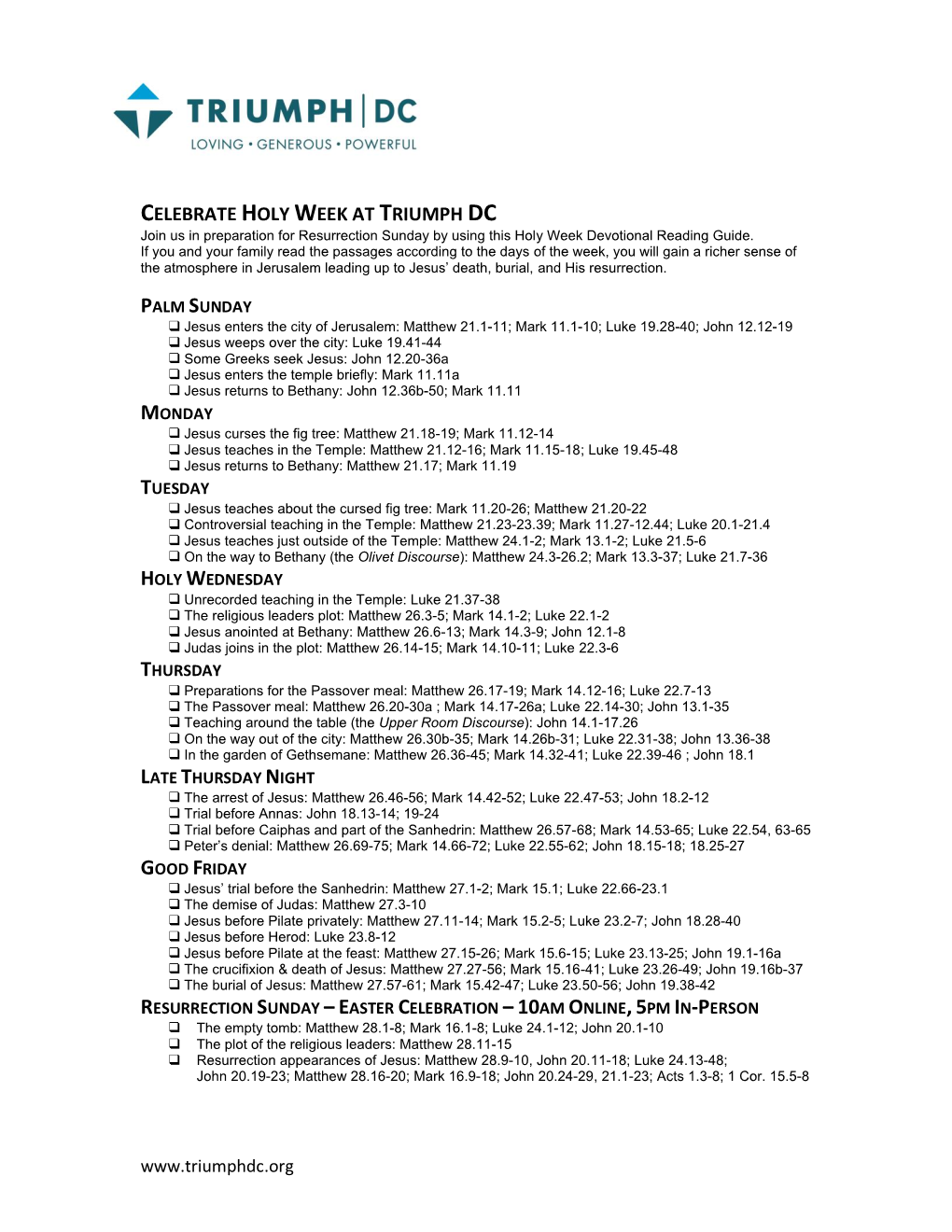 CELEBRATE HOLY WEEK at TRIUMPH DC Join Us in Preparation for Resurrection Sunday by Using This Holy Week Devotional Reading Guide