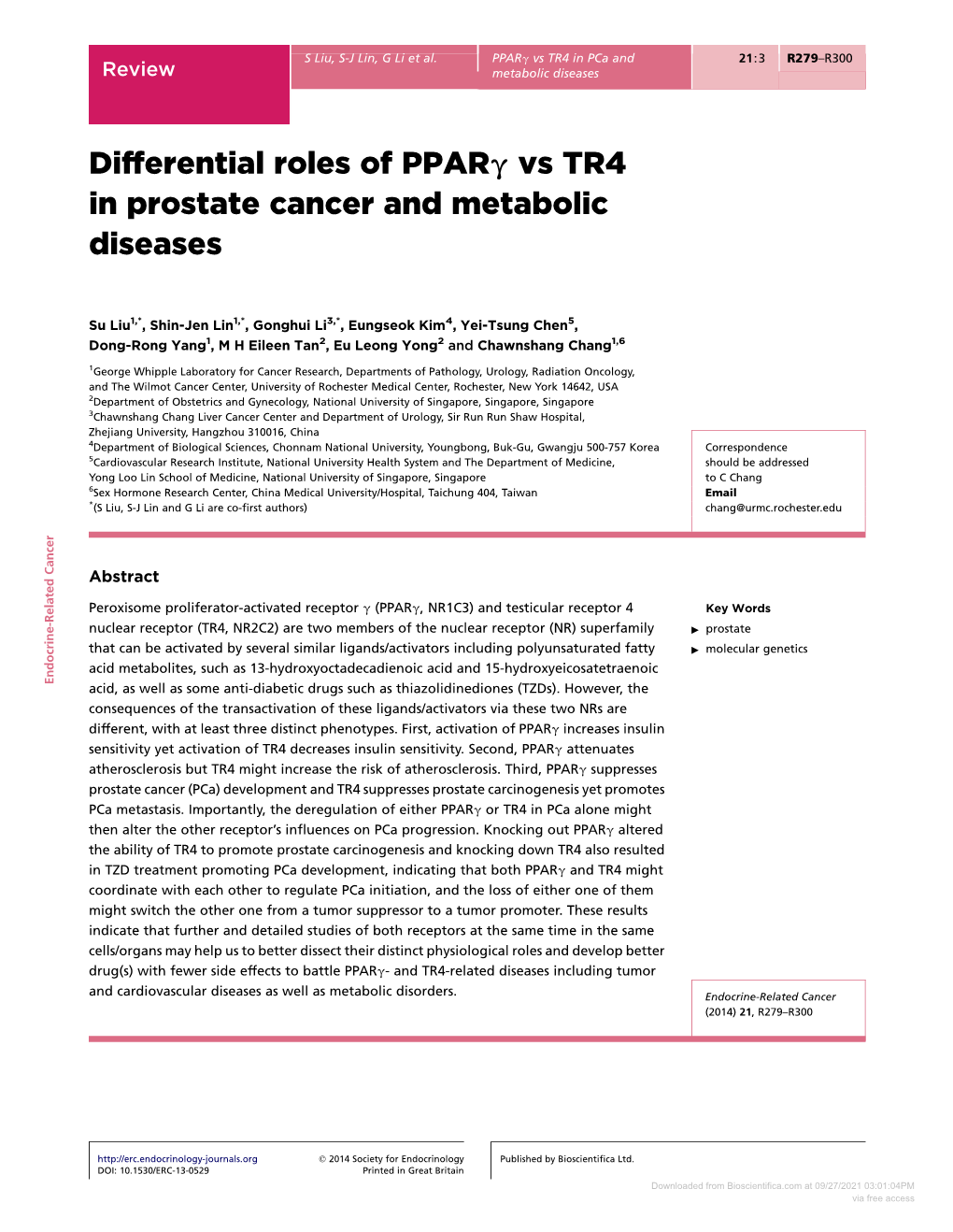 Differential Roles of Pparg Vs TR4 in Prostate Cancer and Metabolic Diseases