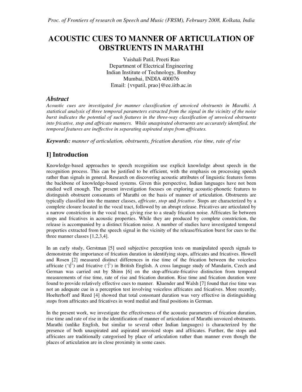 Acoustic Cues to Manner of Articulation of Obstruents in Marathi