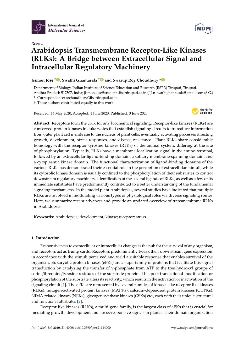 Arabidopsis Transmembrane Receptor-Like Kinases (Rlks): a Bridge Between Extracellular Signal and Intracellular Regulatory Machinery