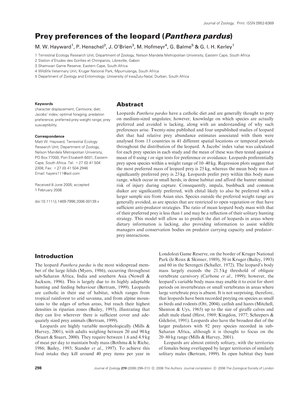 Prey Preferences of the Leopard (Panthera Pardus) M