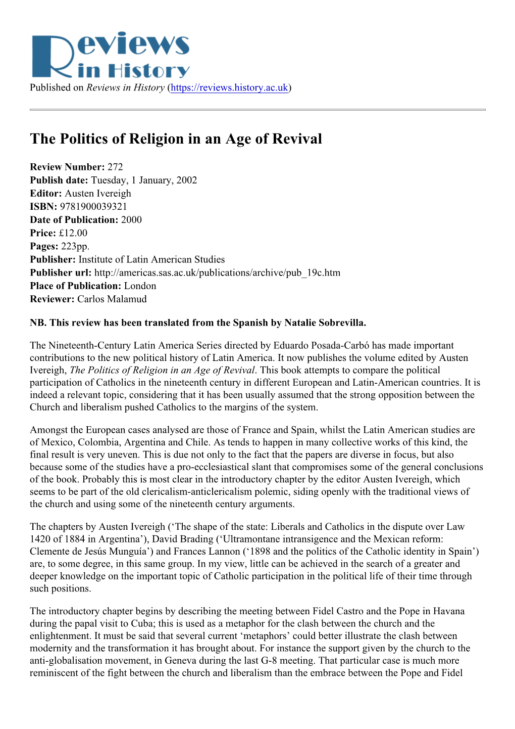 The Politics of Religion in an Age of Revival