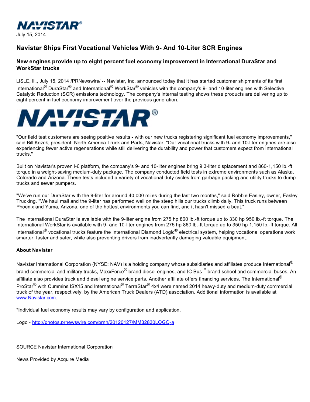 Navistar Ships First Vocational Vehicles with 9- and 10-Liter SCR Engines