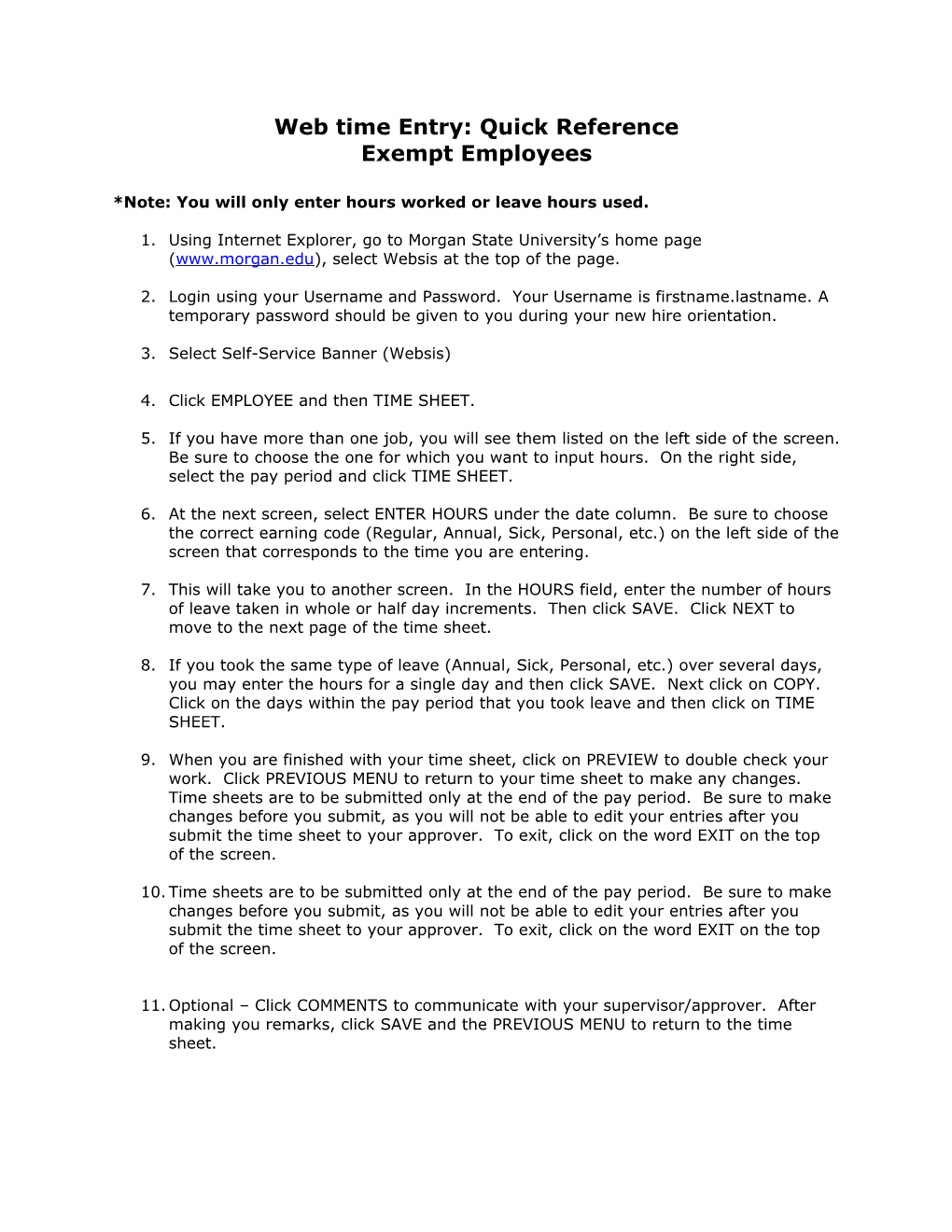 Web Time Entry: Quick Reference