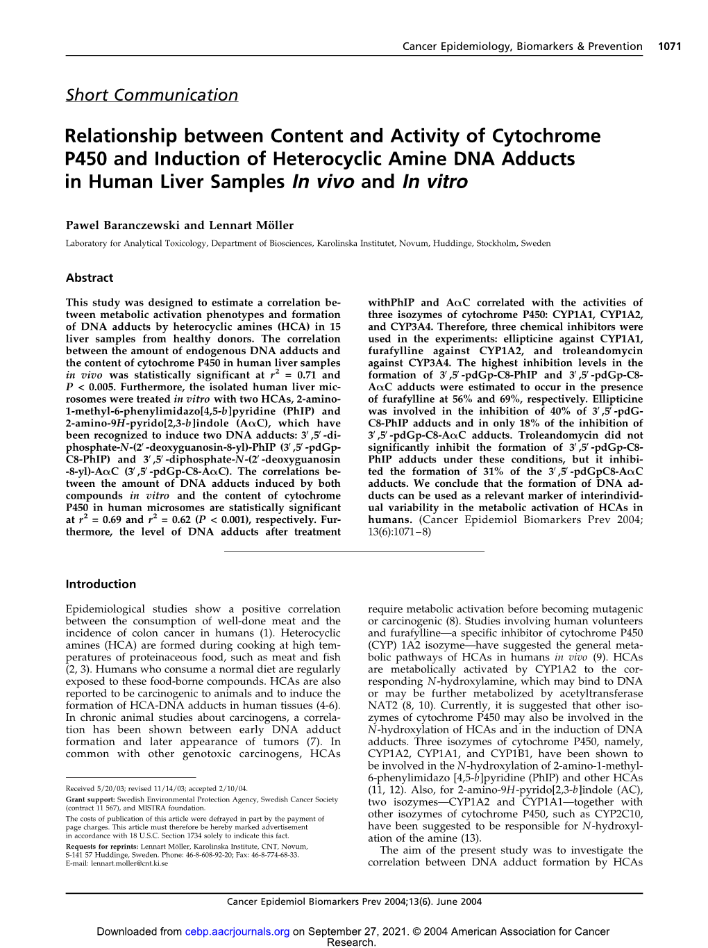 Relationship Between Content and Activity of Cytochrome P450 and Induction of Heterocyclic Amine DNA Adducts in Human Liver Samples in Vivo and in Vitro