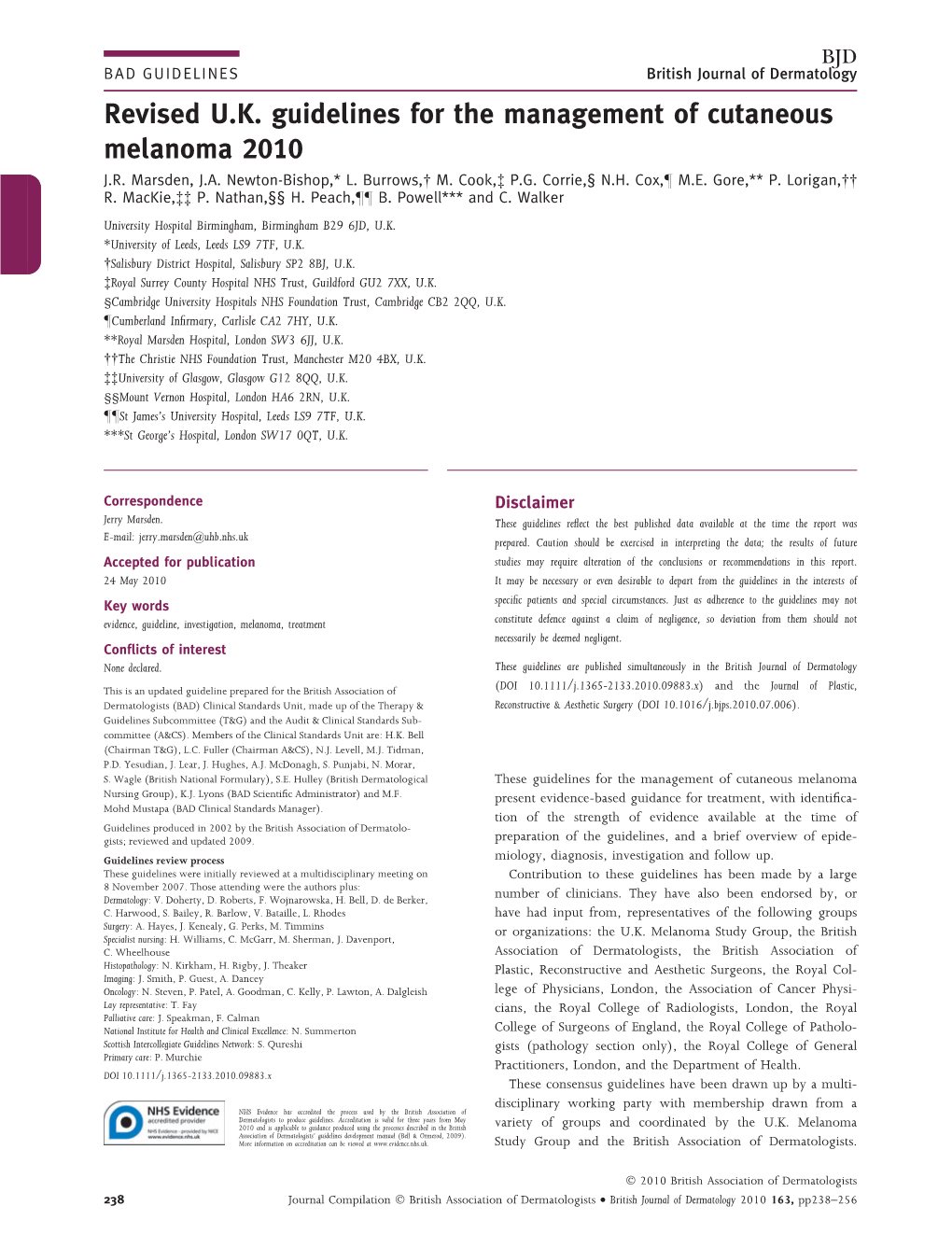 Guidelines for the Management of Cutaneous Melanoma 2010 J.R