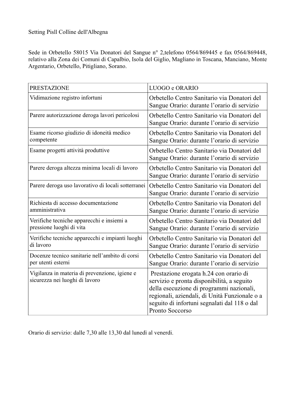 Orbetello Centro Sanitario Via Donatori Del Sangue Orario