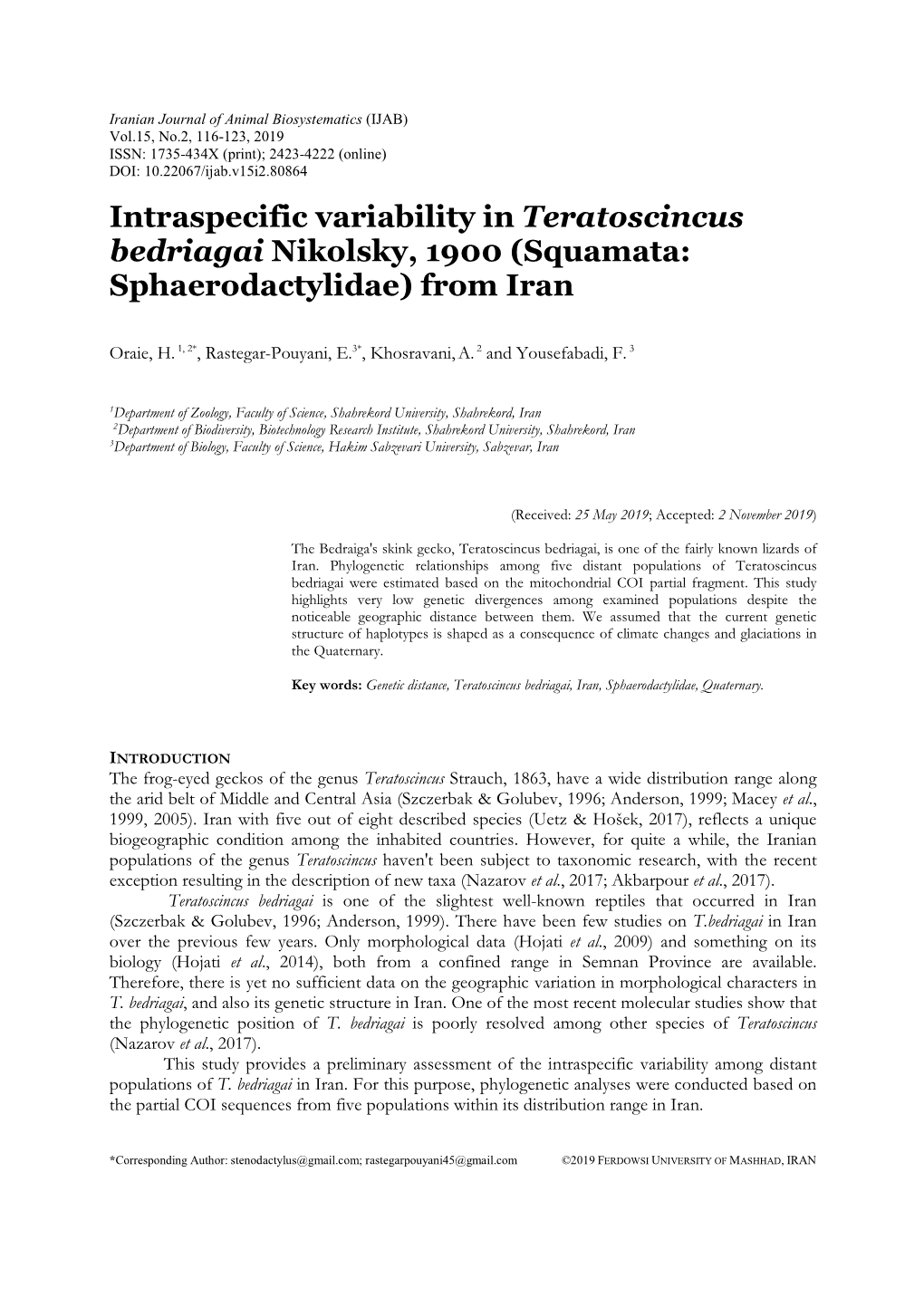 Intraspecific Variability in Teratoscincus Bedriagai Nikolsky, 1900 (Squamata: Sphaerodactylidae) from Iran