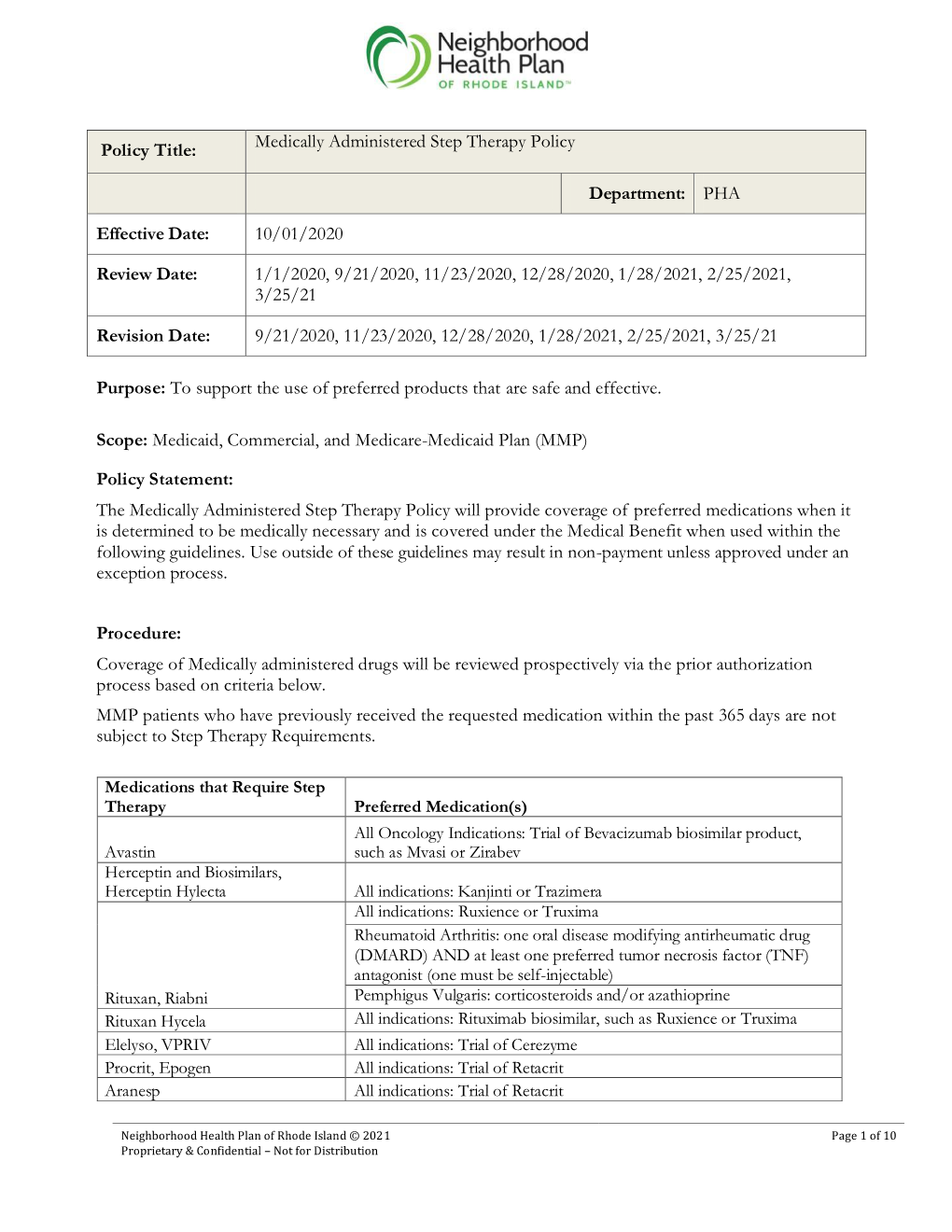 Medically Administered Step Therapy Policy Department