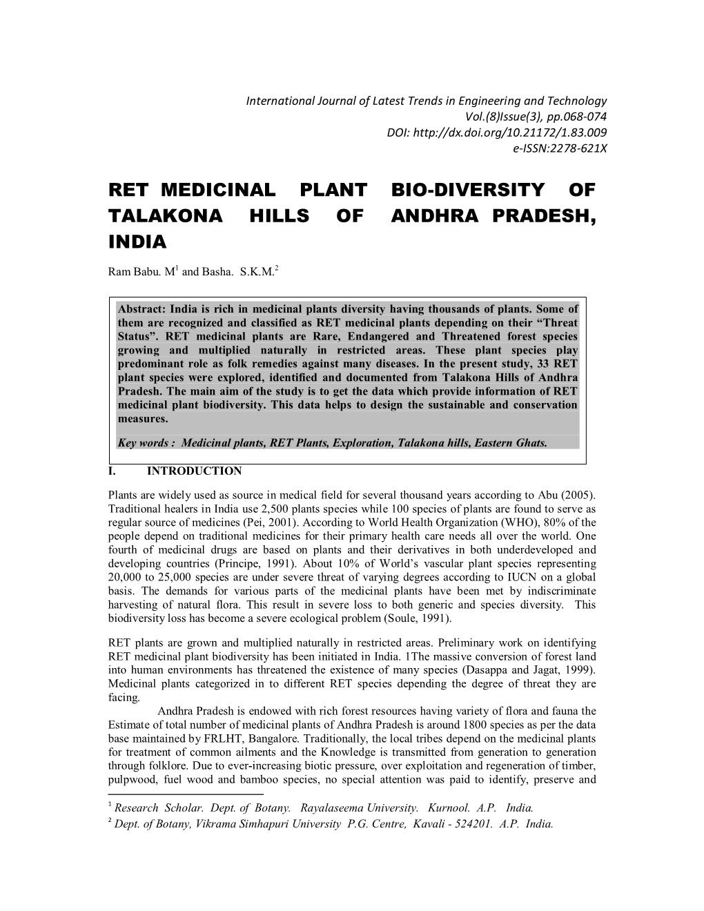 Ret Medicinal Plant Bio-Diversity of Talakona Hills of Andhra Pradesh, India