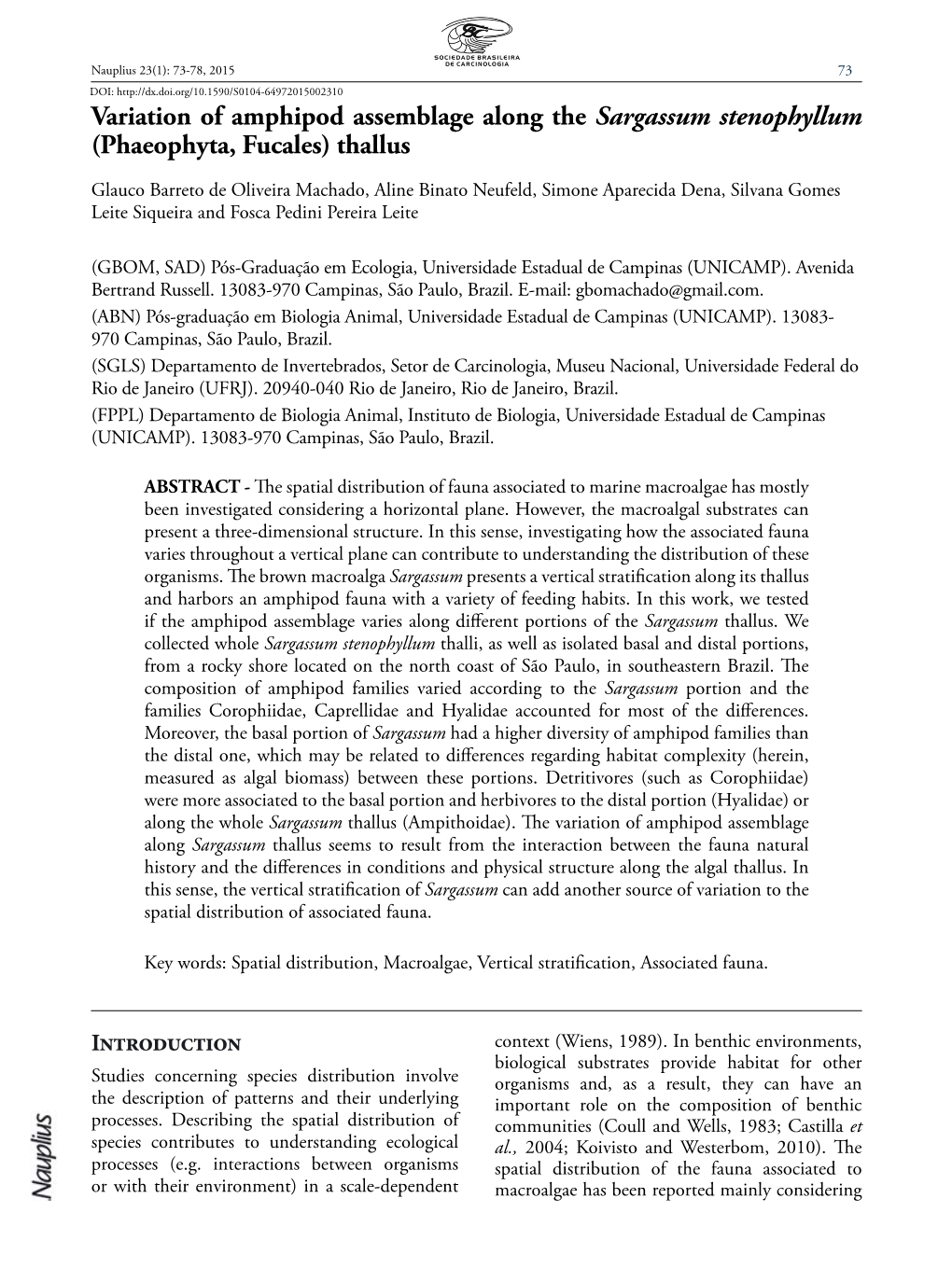 Variation of Amphipod Assemblage Along the Sargassum Stenophyllum (Phaeophyta, Fucales) Thallus