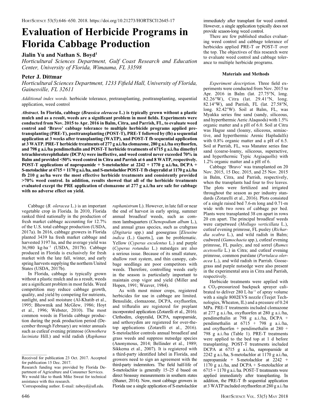 Evaluation of Herbicide Programs in Florida Cabbage Production