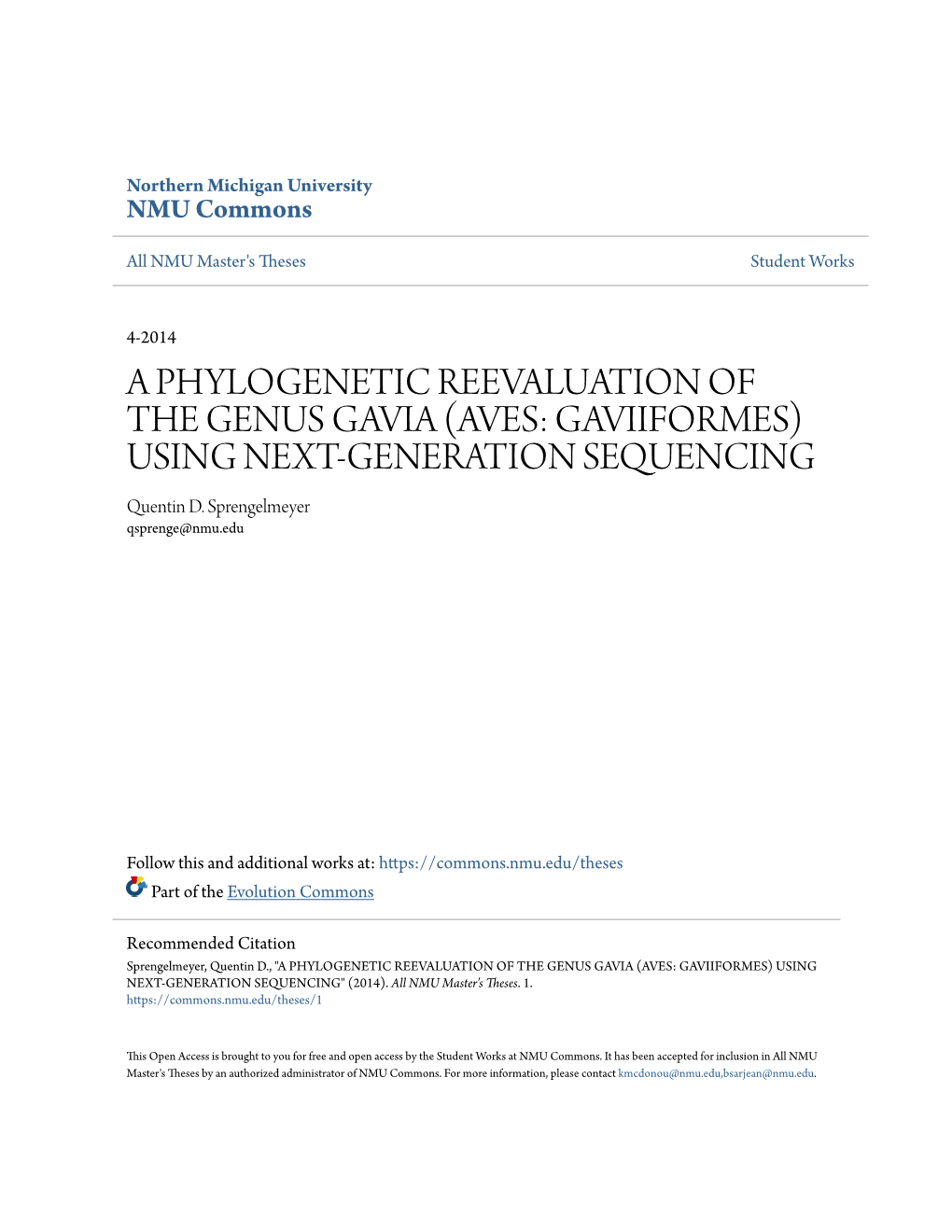 A PHYLOGENETIC REEVALUATION of the GENUS GAVIA (AVES: GAVIIFORMES) USING NEXT-GENERATION SEQUENCING Quentin D