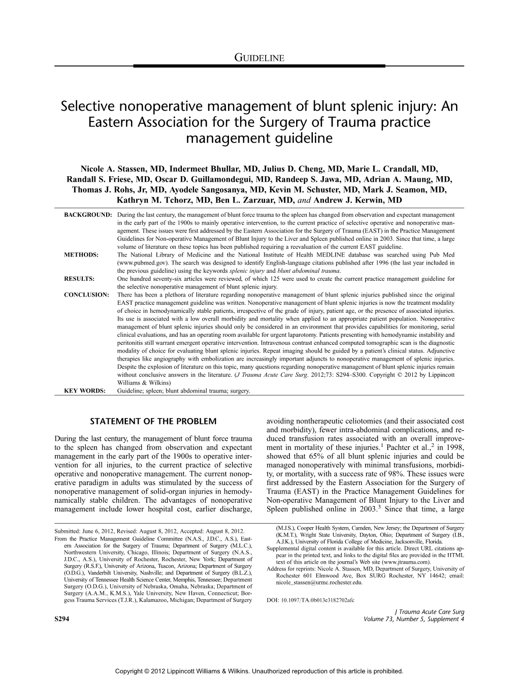 Selective Nonoperative Management of Blunt Splenic Injury: an Eastern Association for the Surgery of Trauma Practice Management Guideline