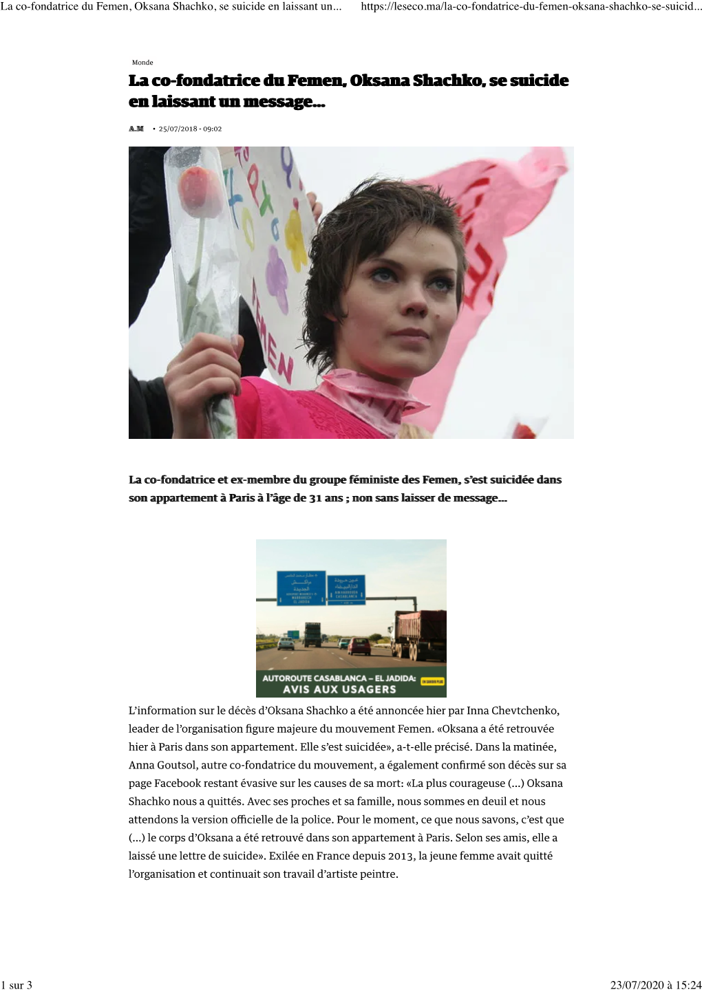 La Co-Fondatrice Du Femen, Oksana Shachko, Se Suicide En Laissant Un