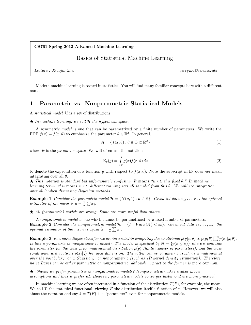 Basics of Statistical Machine Learning 1 Parametric Vs. Nonparametric