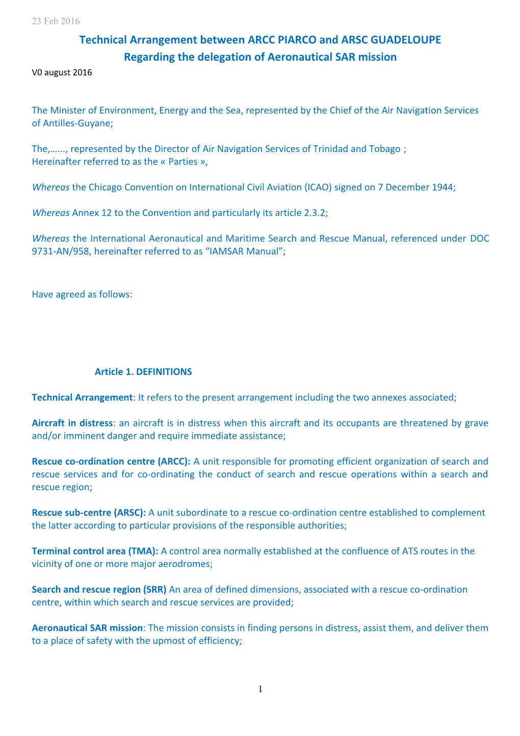 Technical Arrangement Between ARCC PIARCO and ARSC GUADELOUPE