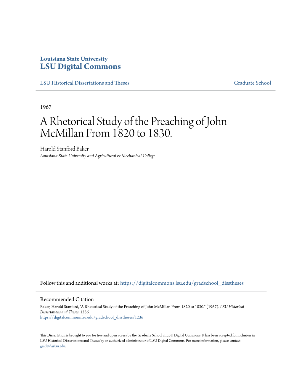 A Rhetorical Study of the Preaching of John Mcmillan from 1820 to 1830. Harold Stanford Baker Louisiana State University and Agricultural & Mechanical College