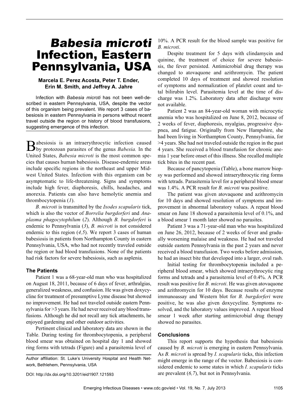 Babesia Microti Infection, Eastern Pennsylvania