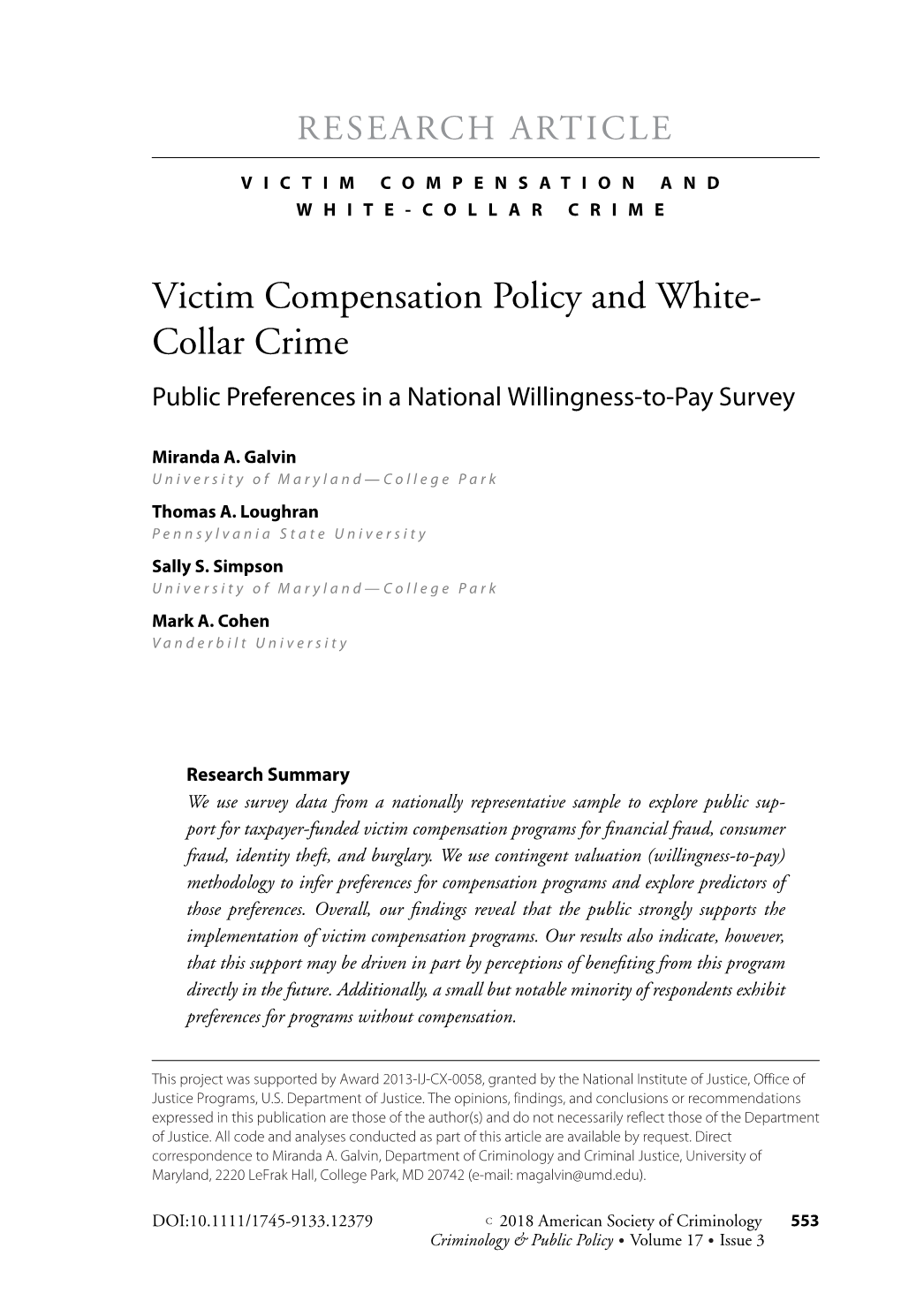 Victim Compensation Policy and White Collar Crime