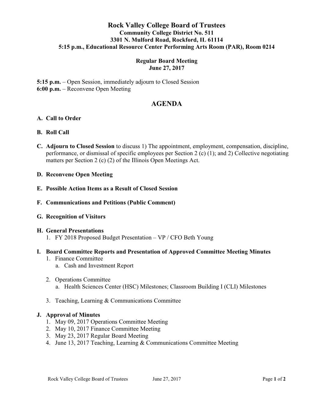 Rock Valley College Board of Trustees AGENDA