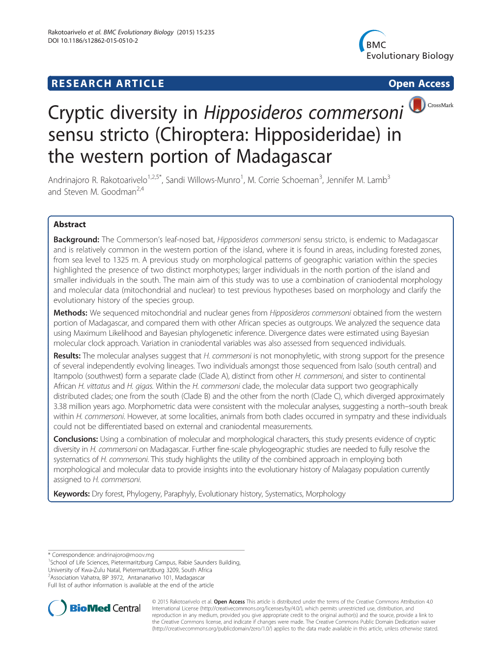 Cryptic Diversity in Hipposideros Commersoni Sensu Stricto (Chiroptera: Hipposideridae) in the Western Portion of Madagascar Andrinajoro R