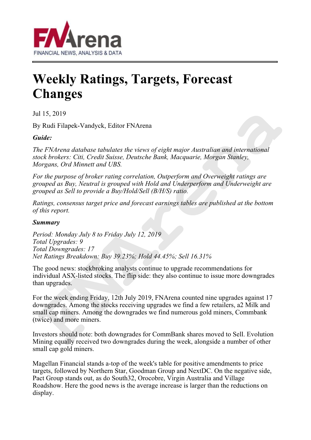 Weekly Ratings, Targets, Forecast Changes